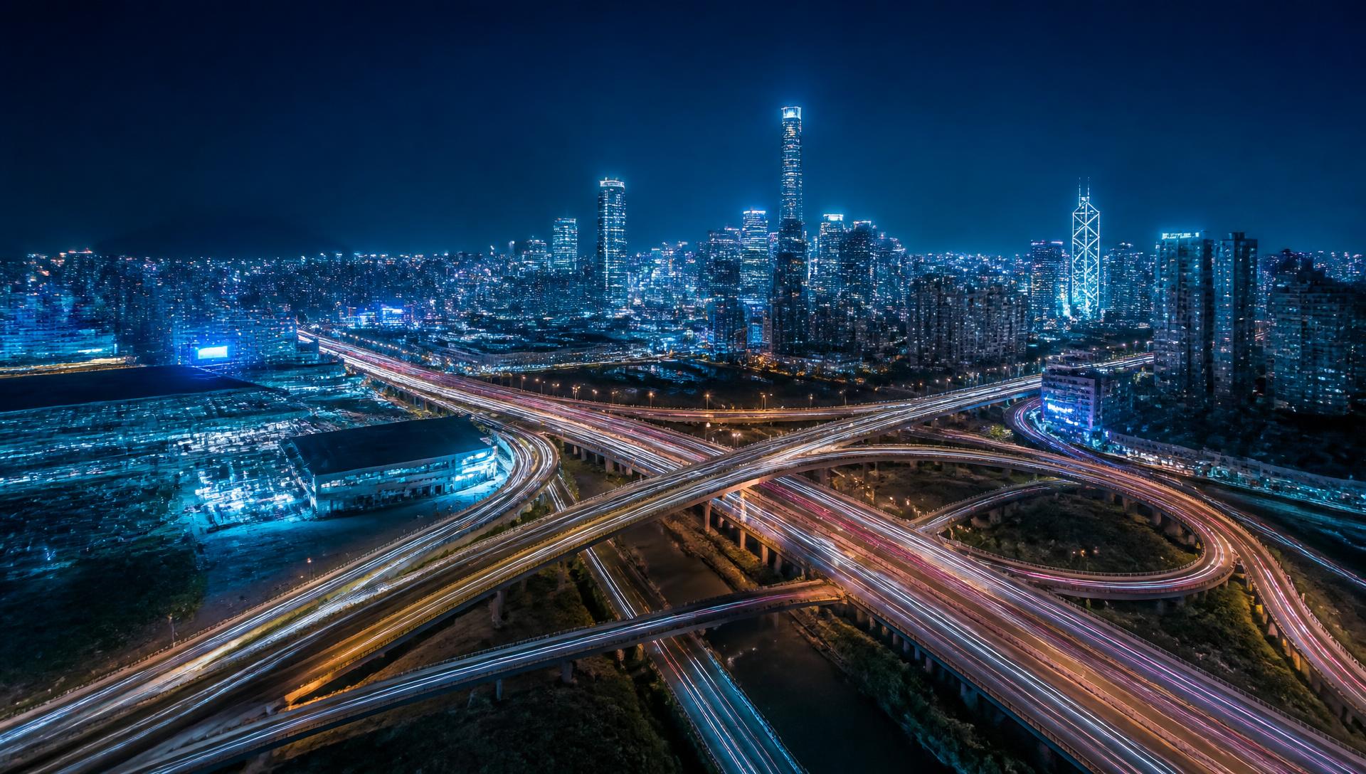 Aerial night view of city infrastructure