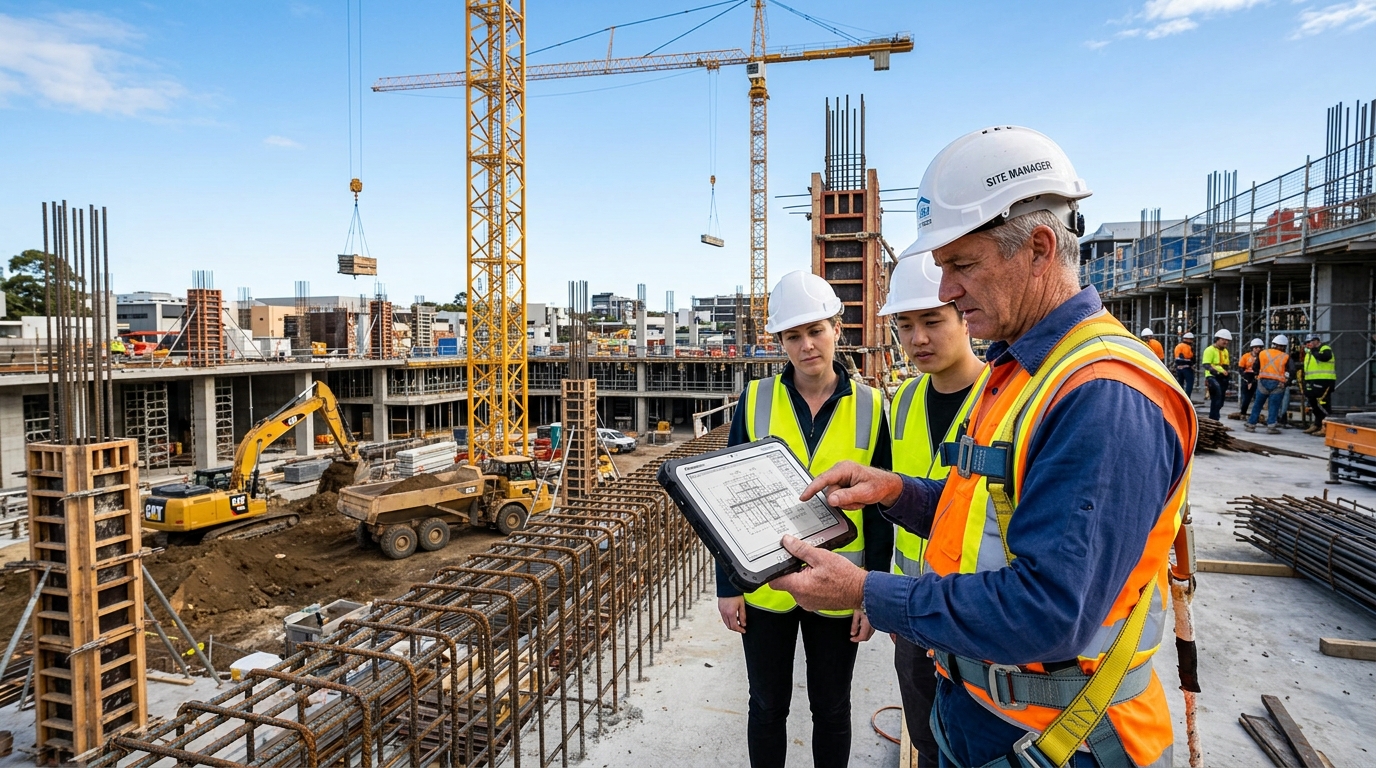 Civil engineering project management on active construction site