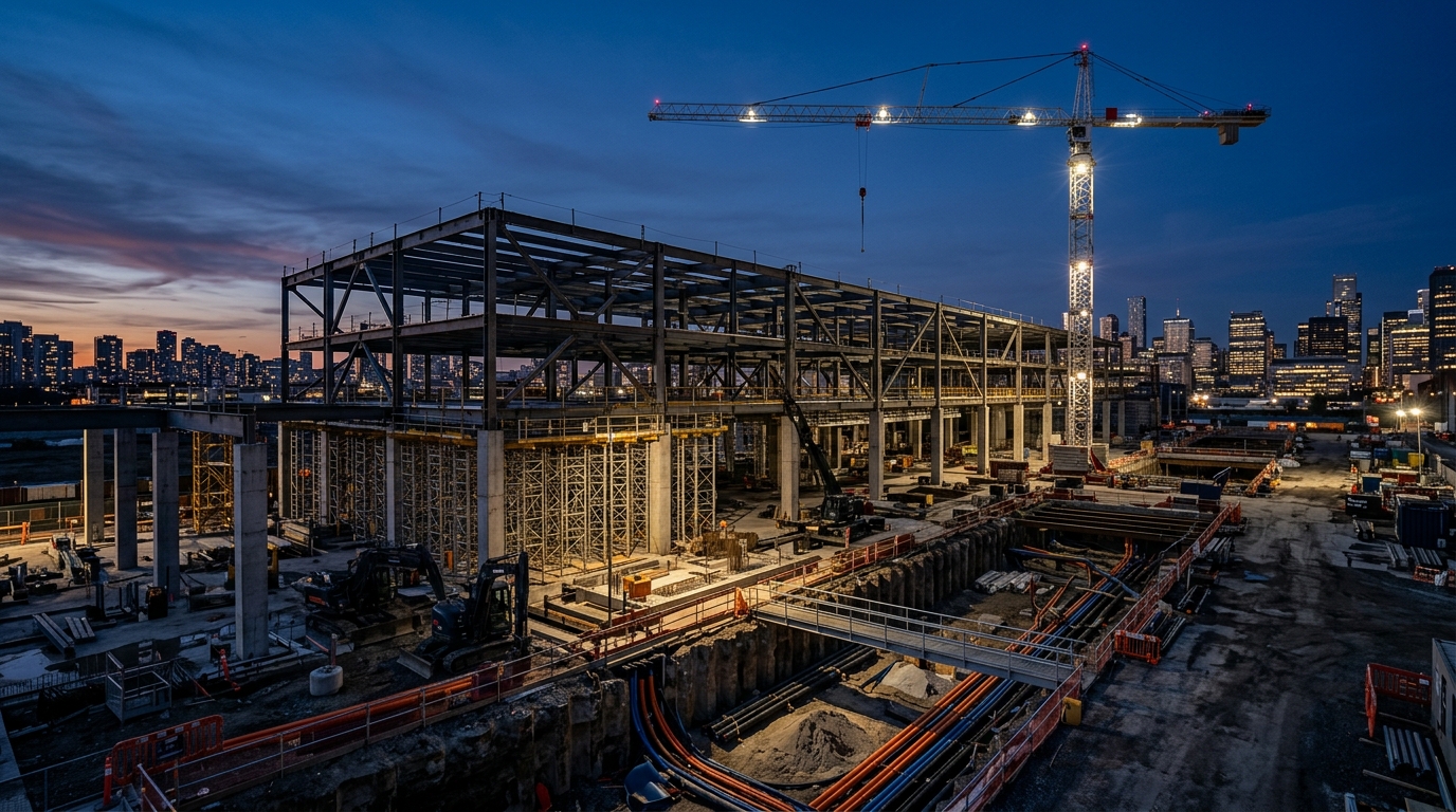 Structural civil engineering construction site with steel framework, cable trenches and tower crane at dusk